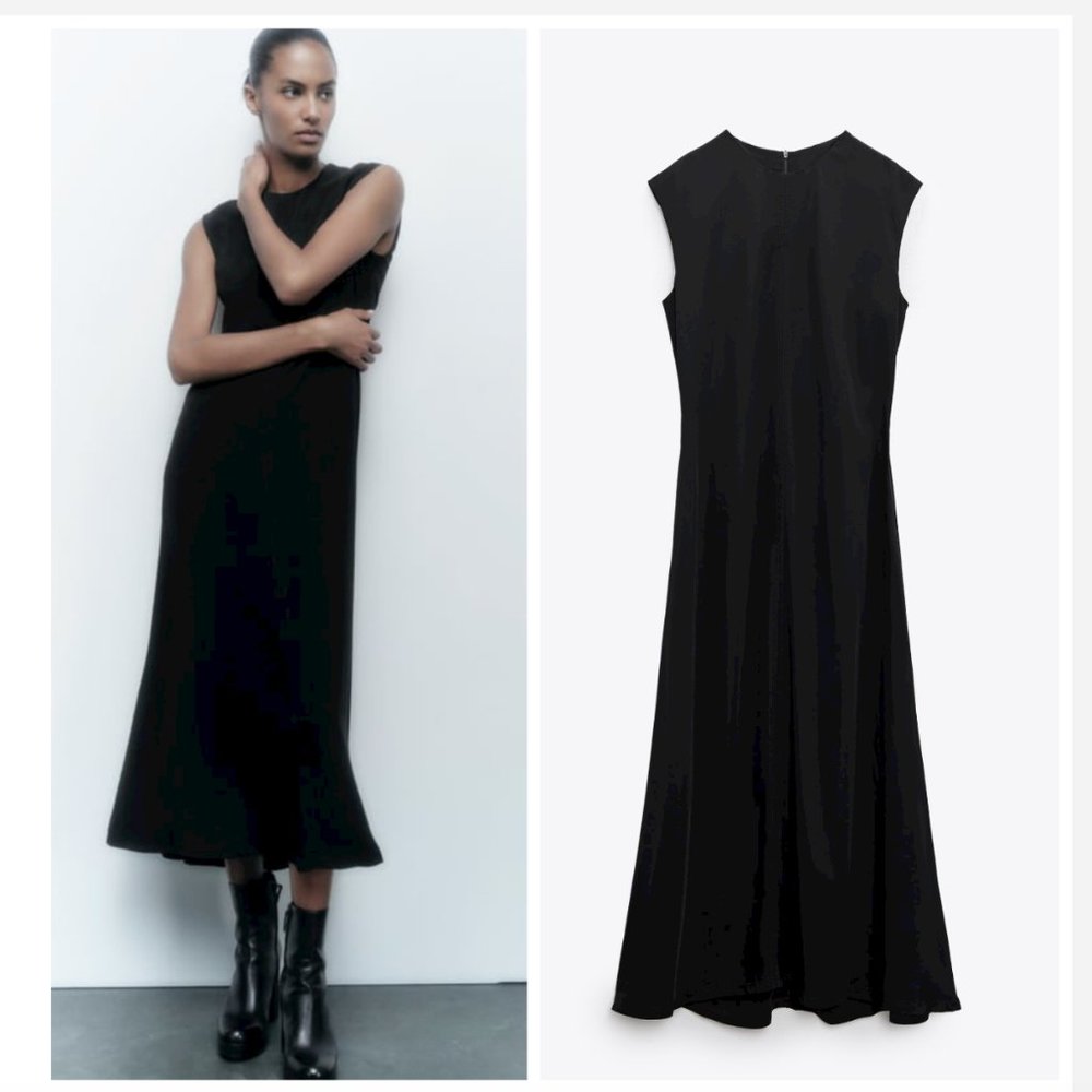 ZARA Black Crepe Sleeveless Flowy Maxi Dress